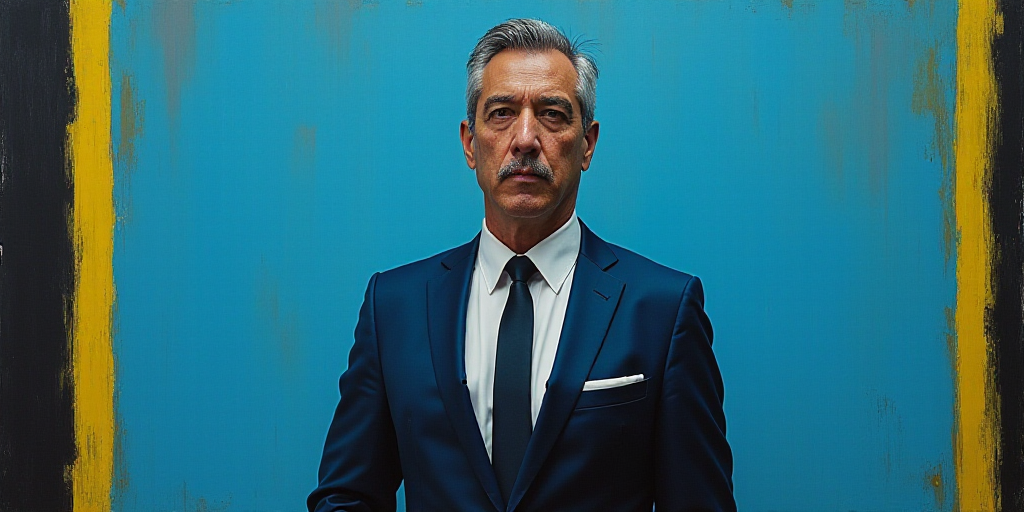 a man in a suit and tie standing in front of a blue background with a black and yellow border, Artur