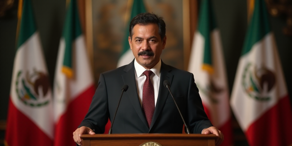 a man in a suit and tie standing at a podium in front of flags and a mexican flag behind him, Carlos