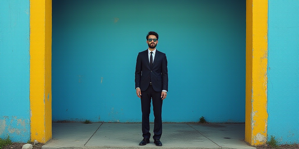 a man in a suit and tie standing in front of a blue background with a yellow border and a black and