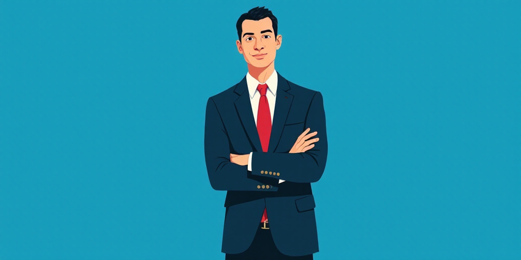 a man in a suit and tie standing with his arms crossed in front of him, with a blue background, Carl