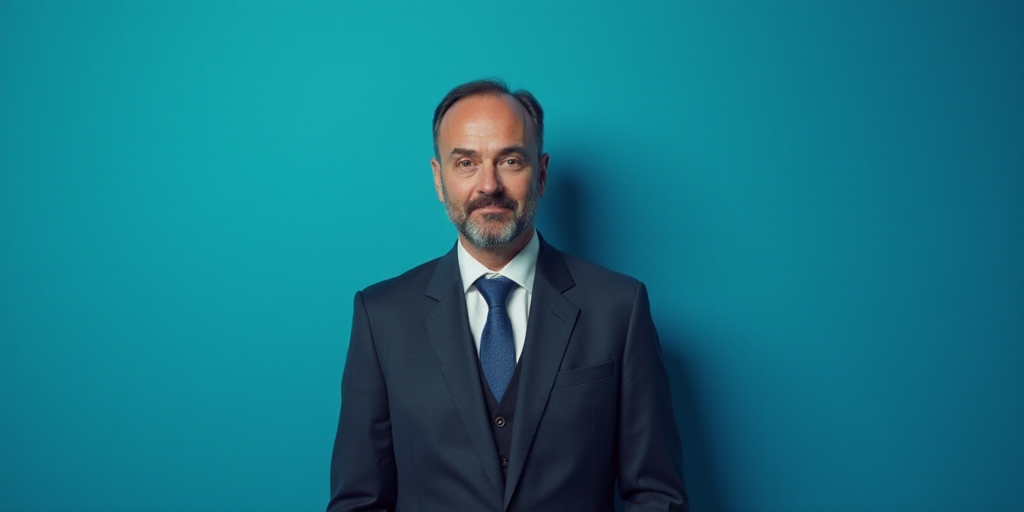 a man in a suit and tie standing in front of a blue background with a caption that reads demeterio s
