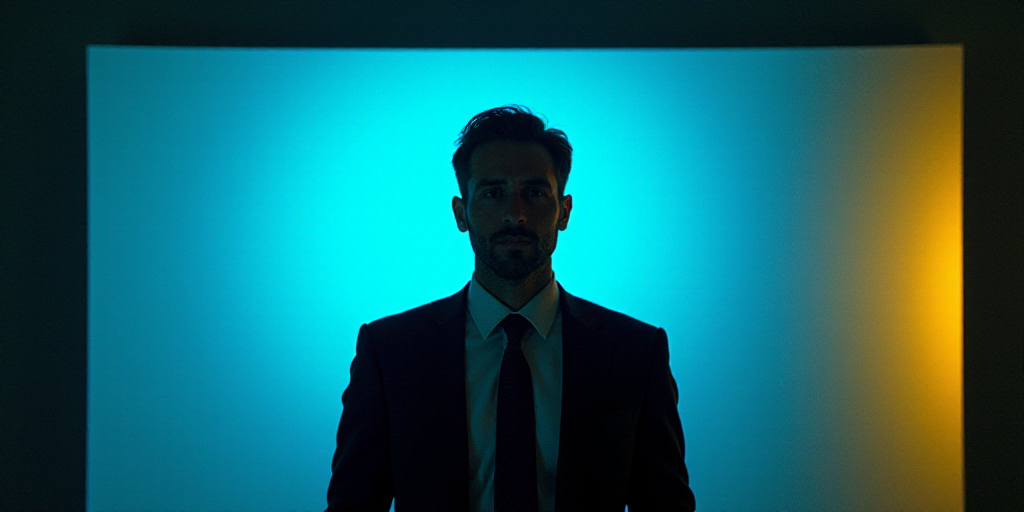 a man in a suit and tie standing in front of a blue background with a black and yellow border, Eduar
