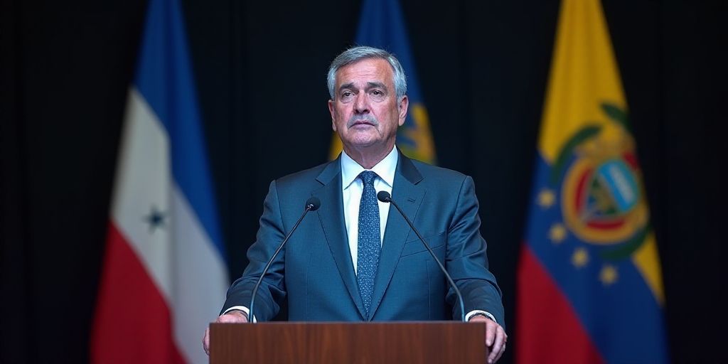 a man in a suit and tie standing at a podium with a microphone in front of him and flags behind him,