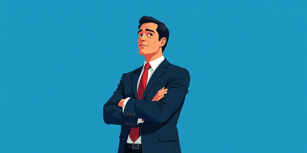 a man in a suit and tie standing with his arms crossed in front of him, with a blue background, Carl