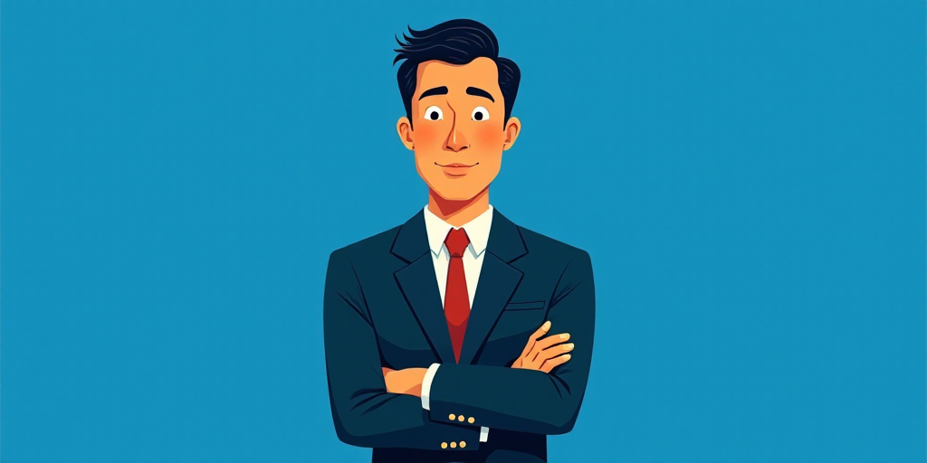 a man in a suit and tie standing with his arms crossed in front of him, with a blue background, Carl