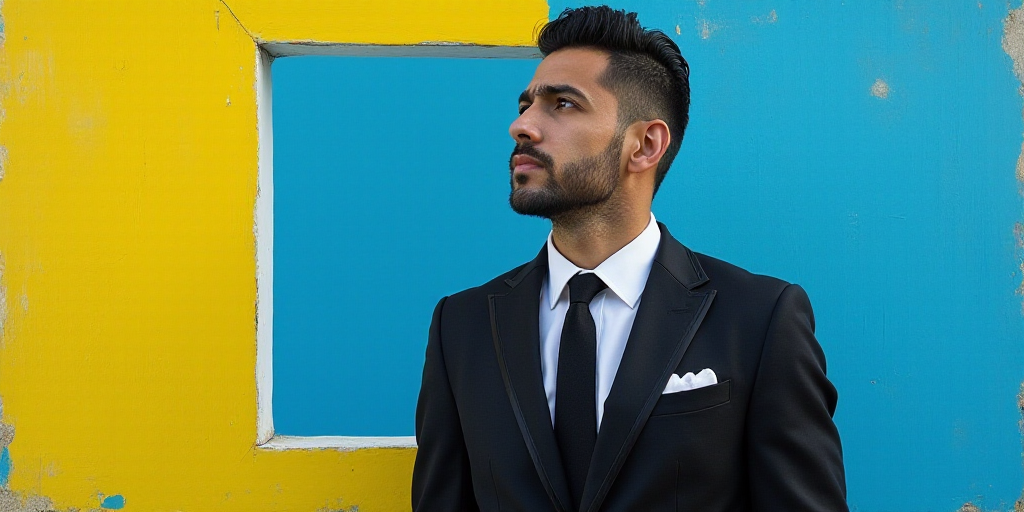 a man in a suit and tie standing in front of a blue background with a yellow border and a black and