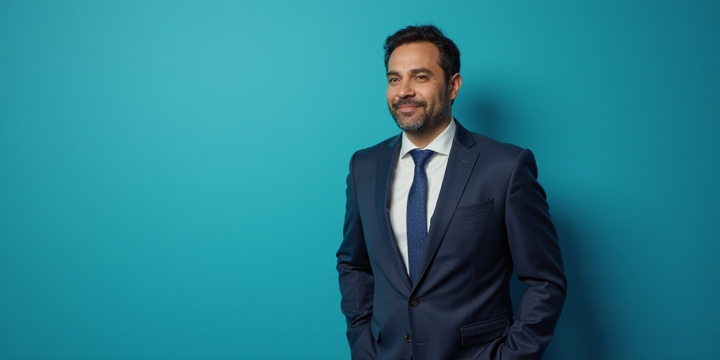 a man in a suit and tie standing in front of a blue background with a black and white photo, Alejand