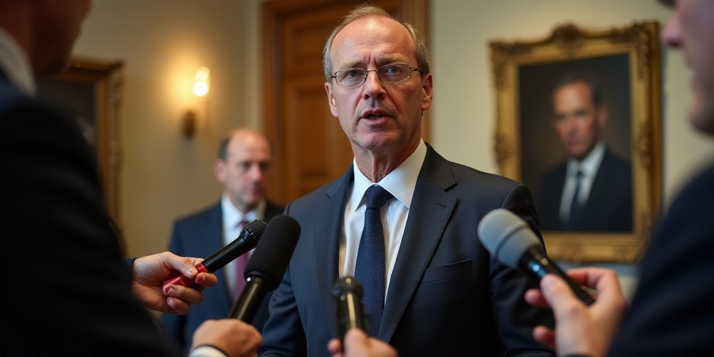 a man in a suit and tie talking to reporters in a room with microphones and a mirror with a man in a
