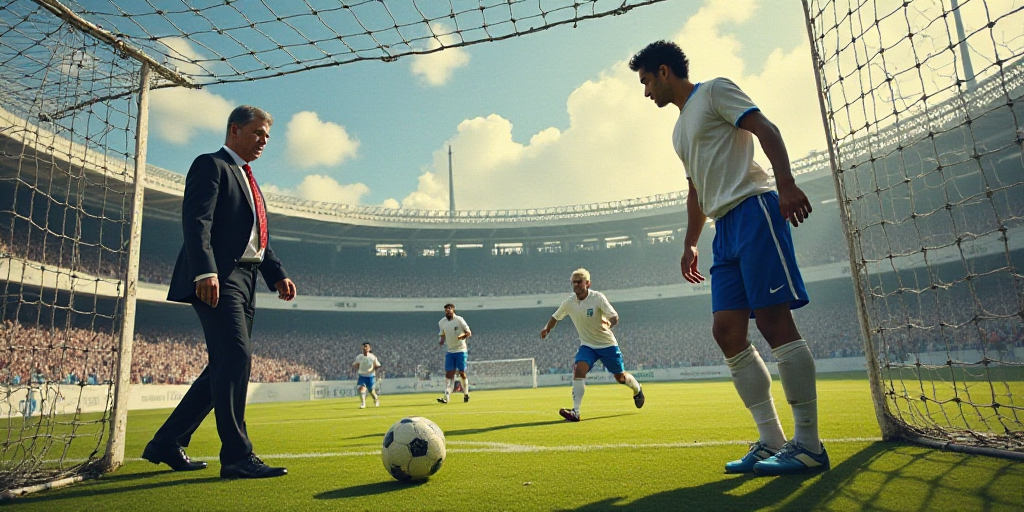 a man in a suit and tie walking towards a goalie net with a ball in his hand and a man in a white sh