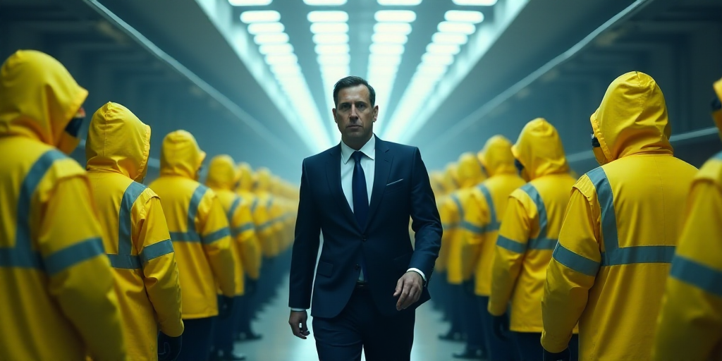 a man in a suit and tie walking in front of a group of people in yellow jackets and reflective vests