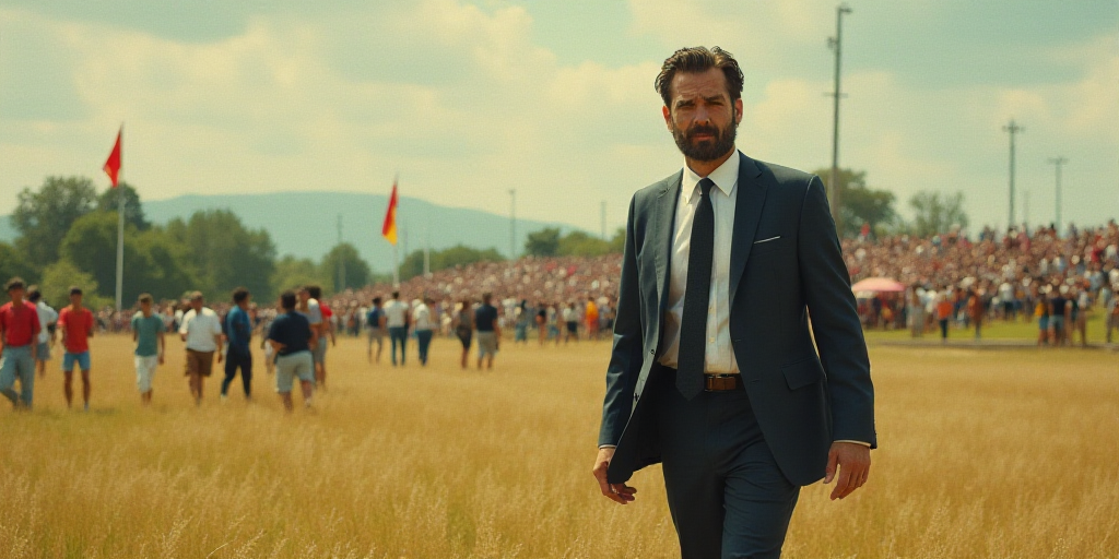 a man in a suit and tie walking on a field with other people in the background and a crowd of people
