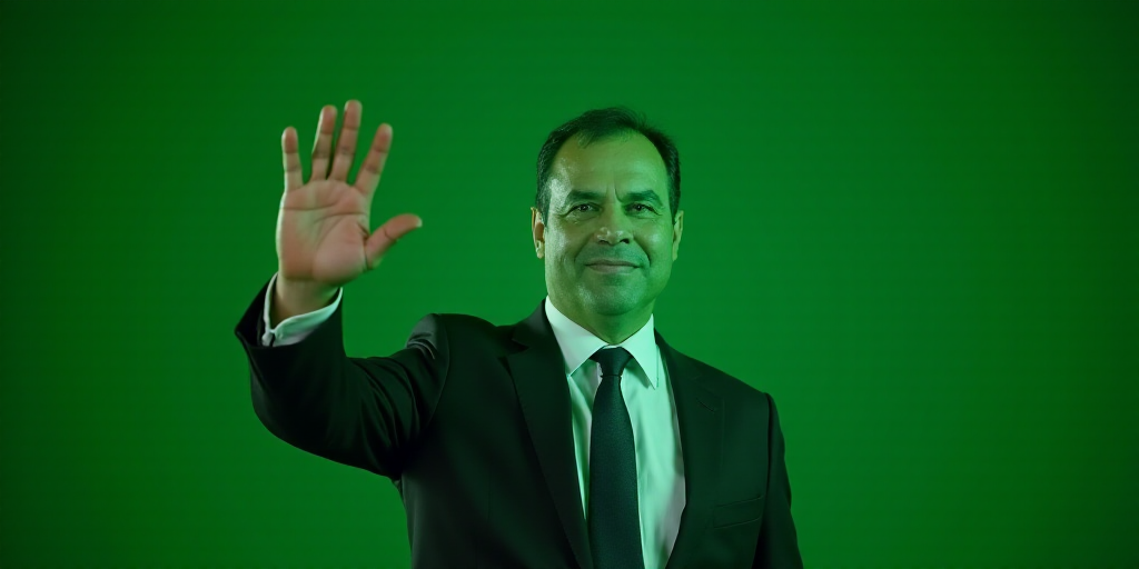 a man in a suit and tie waving at the camera with his hand up in the air with a green background, Fe