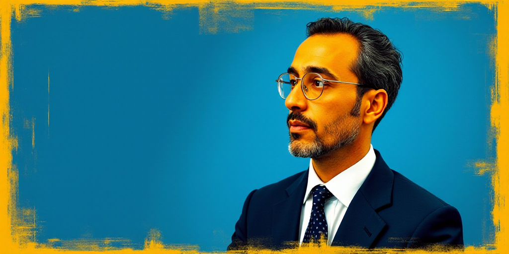 a man in a suit and tie with a blue background and a yellow border around him is a business card wit
