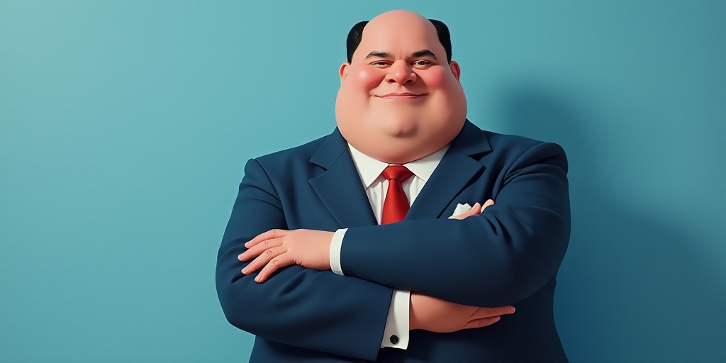 a man in a suit and tie with his arms crossed and his arms crossed, with a blue background, Fernando