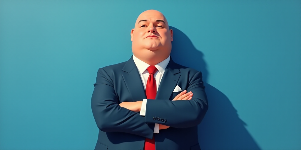 a man in a suit and tie with his arms crossed and his arms crossed, with a blue background, Fernando