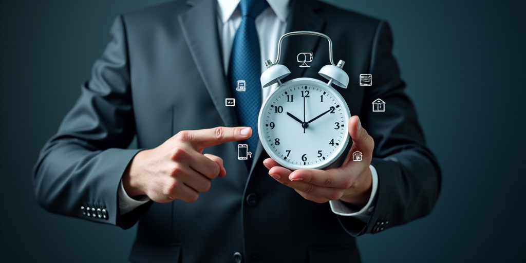 a man in a suit holding a clock with icons around him and a hand pointing at it with both hands, Ai-