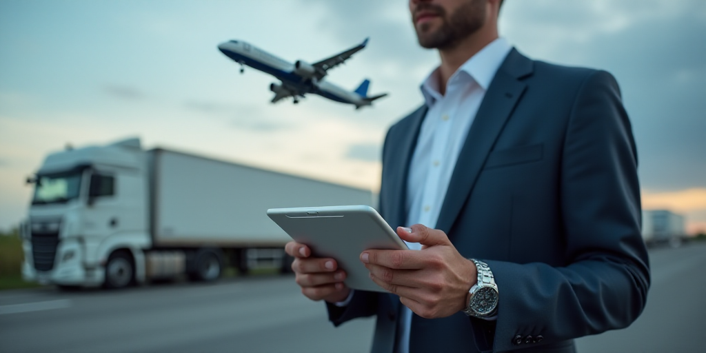 a man in a suit holding a tablet with a plane flying over it and a truck in the background, Andries