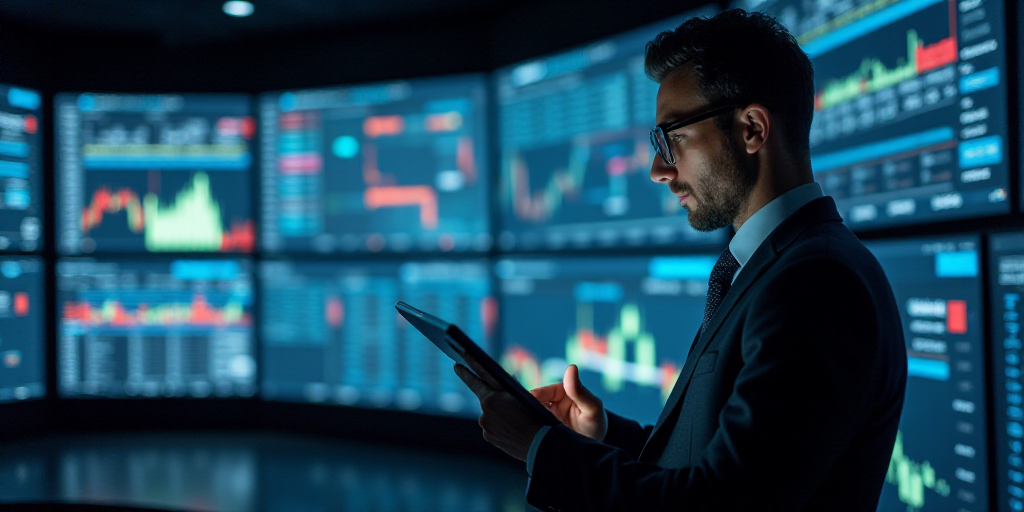 a man in a suit is looking at a tablet in a trading room with multiple screens on the wall, Andries