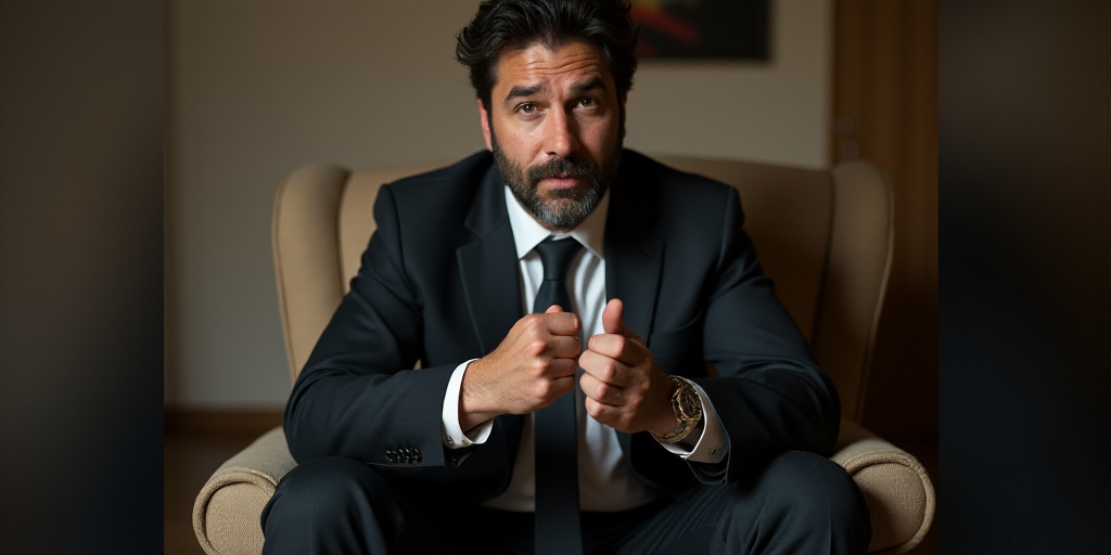 a man in a suit is making a gesture with his hands while sitting down and looking at the camera, Car