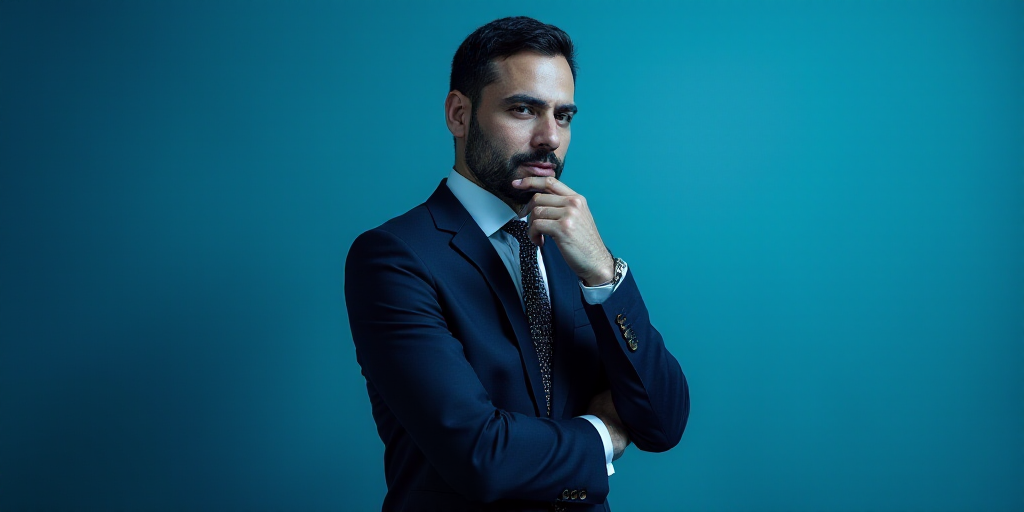 a man in a suit is posing for a picture with his chin resting on his hand, with a blue background, A