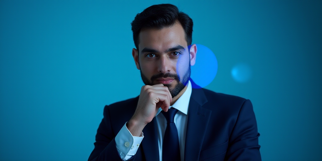 a man in a suit is posing for a picture with his chin resting on his hand, with a blue background, A