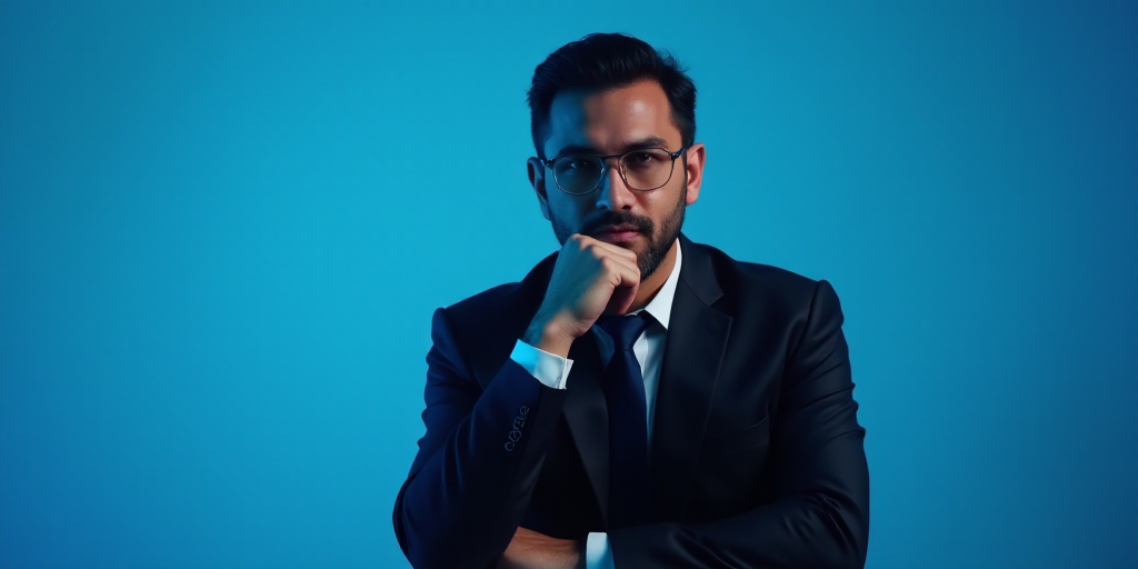 a man in a suit is posing for a picture with his chin resting on his hand, with a blue background, A