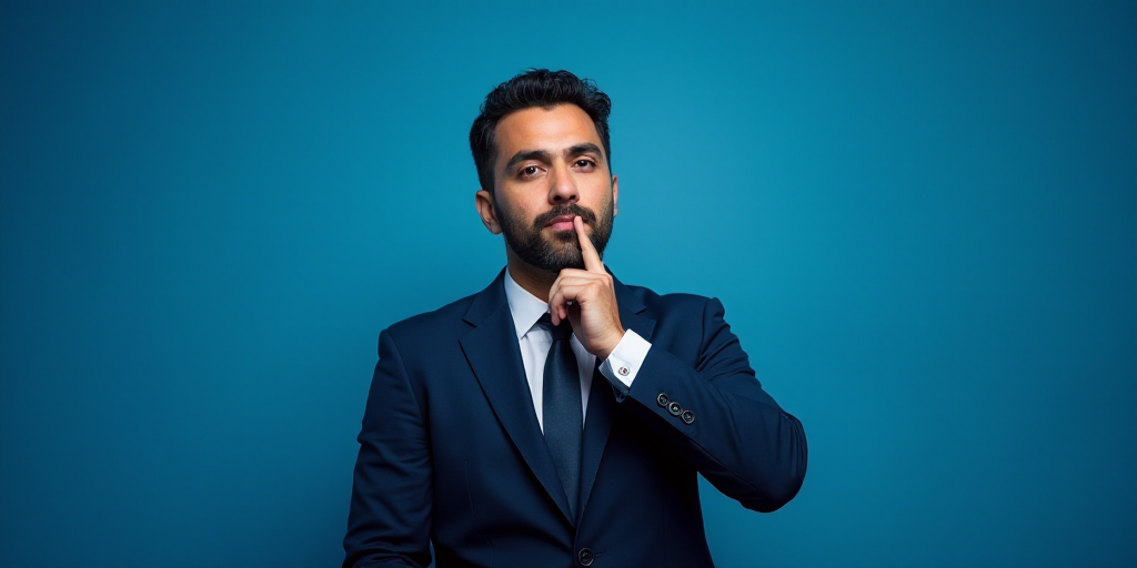 a man in a suit is posing for a picture with his chin resting on his hand, with a blue background, A