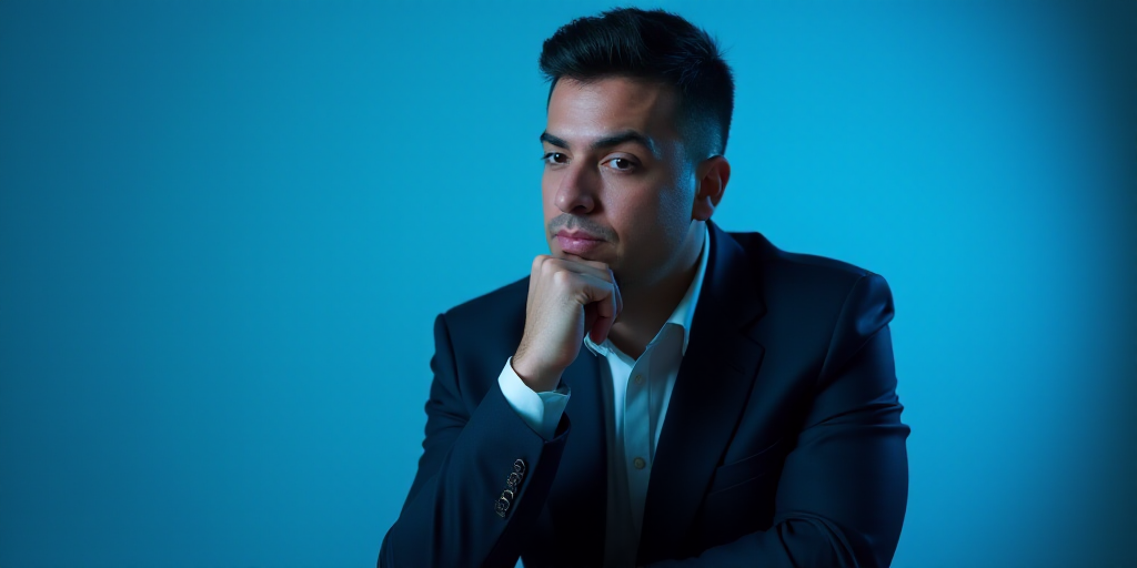 a man in a suit is posing for a picture with his chin resting on his hand, with a blue background, A