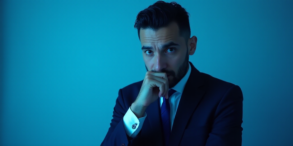 a man in a suit is posing for a picture with his chin resting on his hand, with a blue background, A
