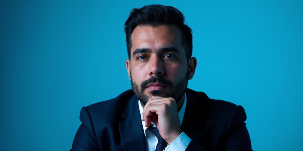 a man in a suit is posing for a picture with his chin resting on his hand, with a blue background, A