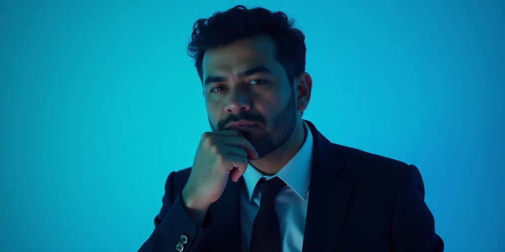 a man in a suit is posing for a picture with his chin resting on his hand, with a blue background, A