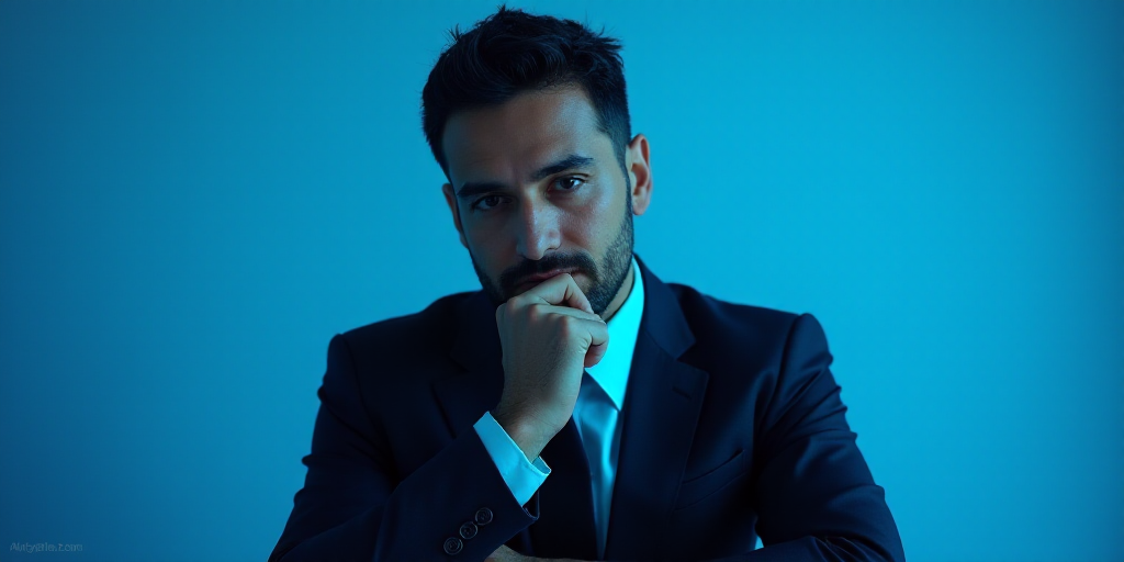 a man in a suit is posing for a picture with his chin resting on his hand, with a blue background, A
