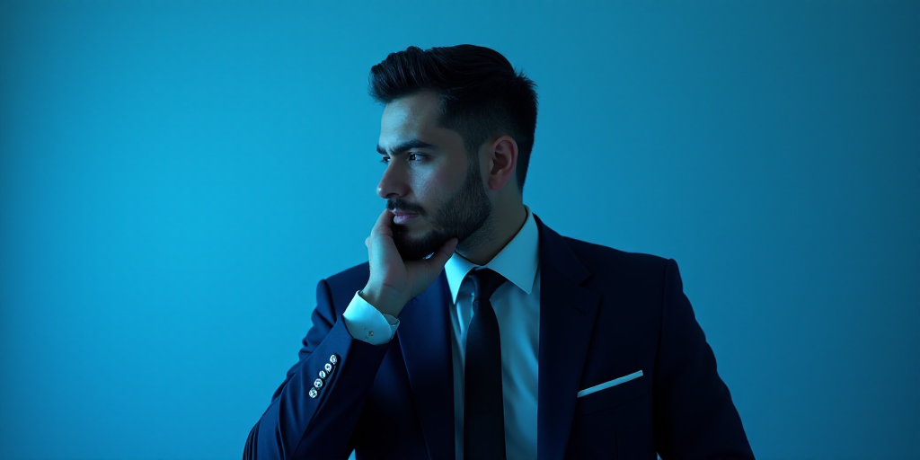 a man in a suit is posing for a picture with his chin resting on his hand, with a blue background, A