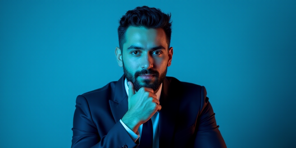 a man in a suit is posing for a picture with his chin resting on his hand, with a blue background, A