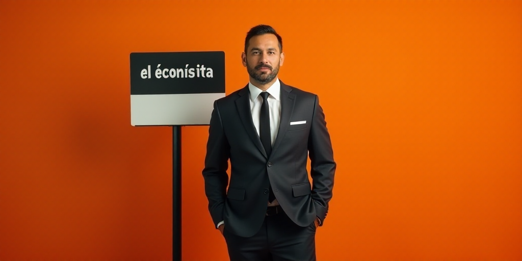 a man in a suit is standing in front of an orange background with a black and white sign that says e
