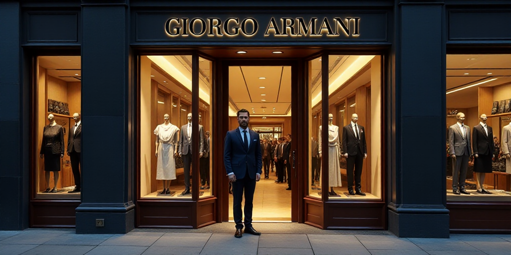a man in a suit is standing in a doorway of a storefront with a sign that says giorggo armani, Corre