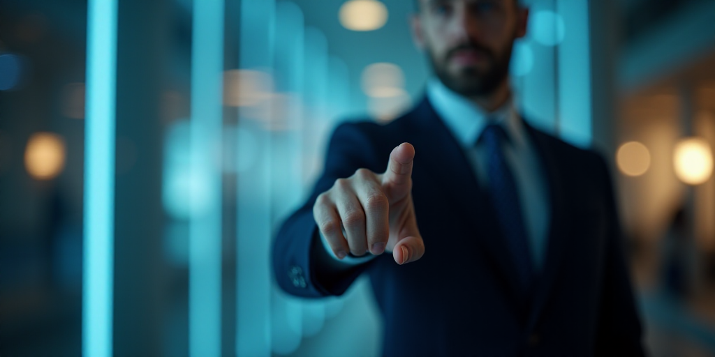 a man in a suit pointing at something with his finger and a blurry background of a building and a bl