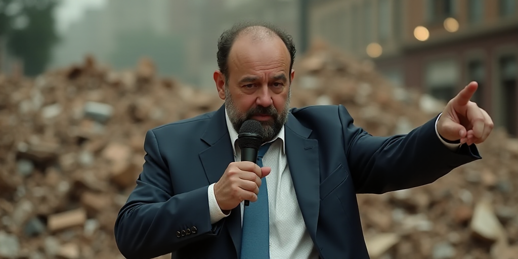 a man in a suit pointing to something with a microphone in his hand and a pile of debris behind him,