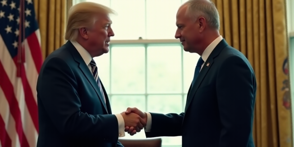 a man in a suit shaking hands with a man in a suit in front of a flag and a window, Donald Roller Wi