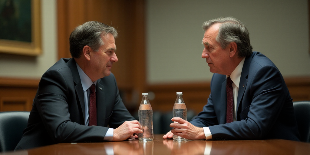 a man in a suit sitting at a table with a bottle of water in front of him and another man in a suit