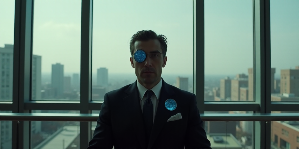 a man in a suit sitting in front of a window with a view of the city behind him and a blue eye patch