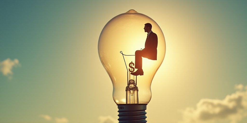 a man in a suit sitting on a light bulb with a dollar sign on it's side, with the sun shining behind