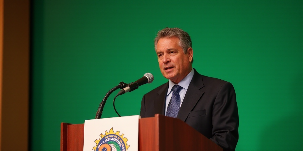 a man in a suit speaking into a microphone at a podium with a green backdrop behind him and a sign t