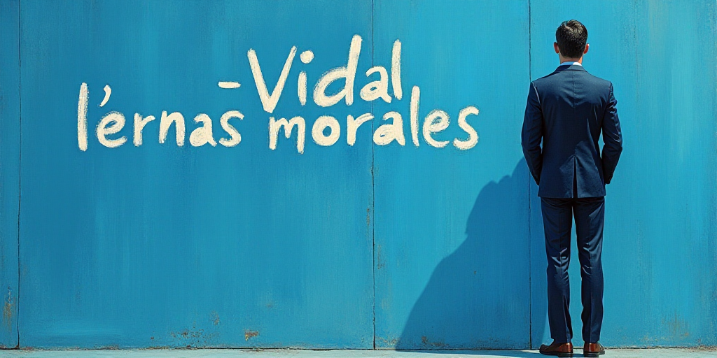 a man in a suit standing in front of a blue background with the words vidal llernas morales, Eduardo