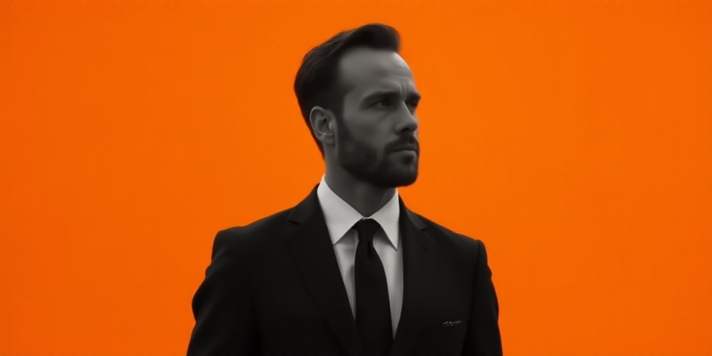 a man in a suit standing in front of an orange background with a black and white photo of him, Eduar