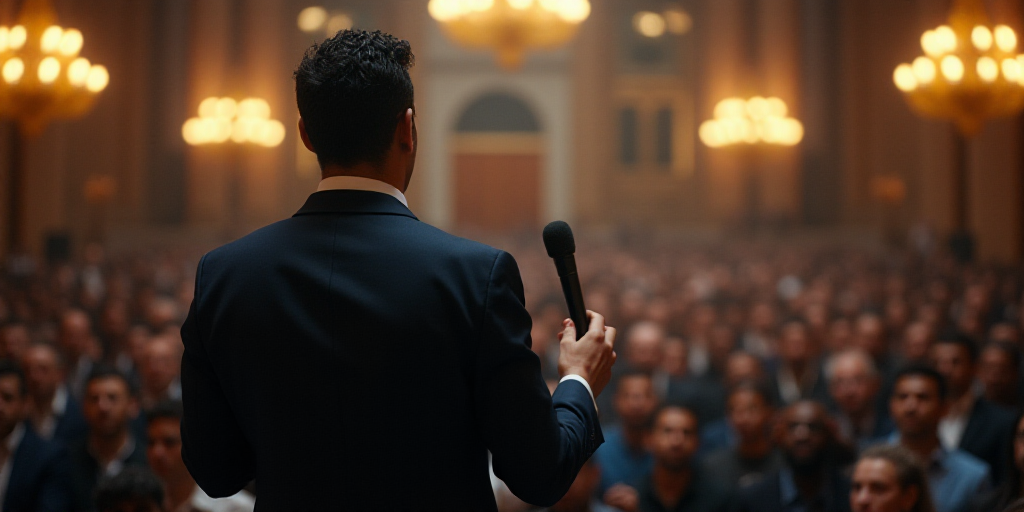 a man in a suit standing in front of a crowd of people in a building with a microphone in his hand,