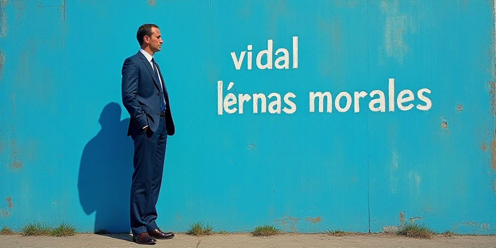 a man in a suit standing in front of a blue background with the words vidal llernas morales, Eduardo