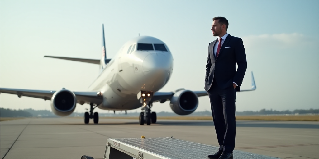 a man in a suit standing on a ramp next to a jet engine on a runway at an airport, Edward George Han