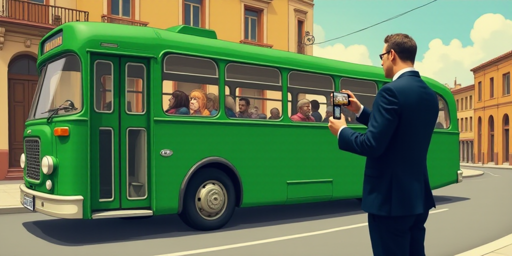 a man in a suit taking a picture of a green bus on the street with a phone in his hand, Fernando Bot