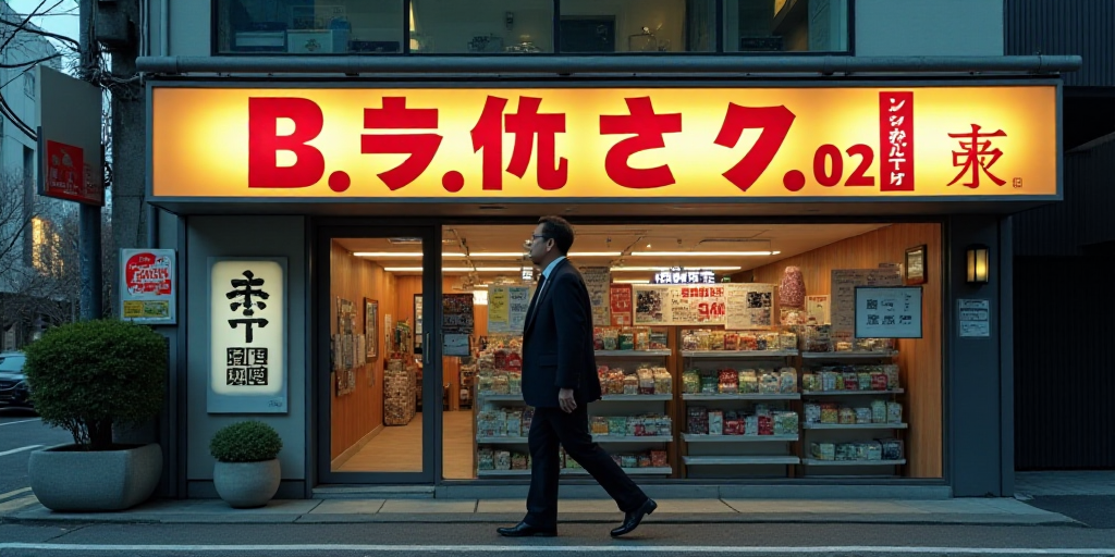 a man in a suit walks past a sign that reads g720 kansana, japan,, Eric Deschamps, award - winning p